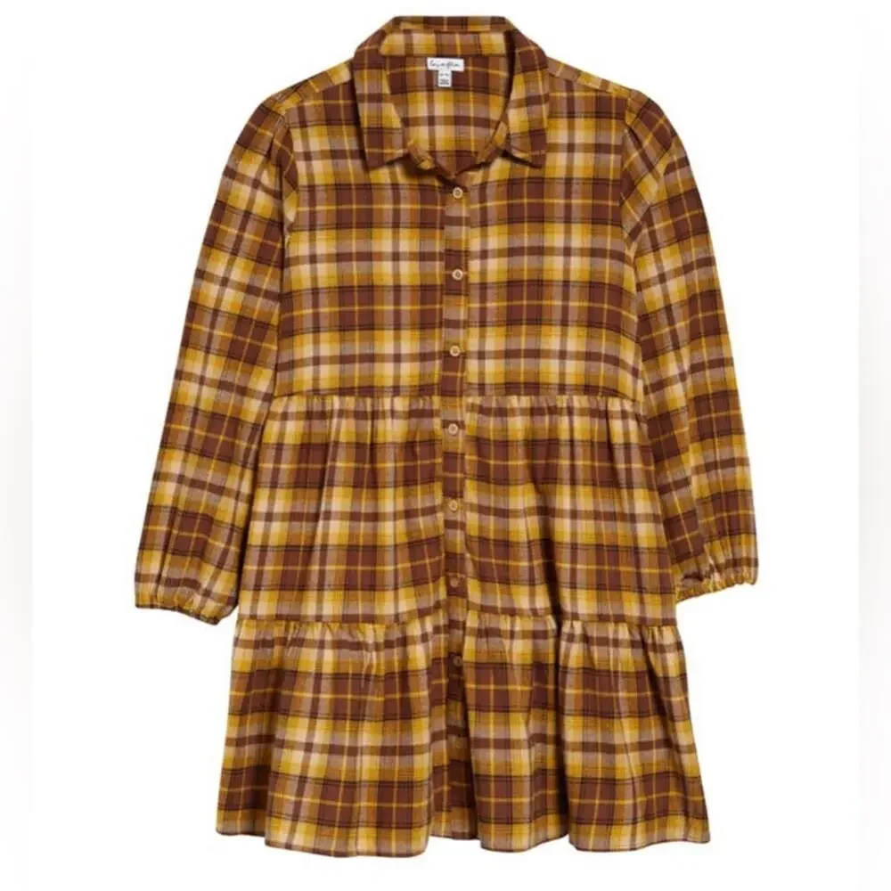 Girl Love Fire Yellow Brown Plaid Fleece Cotton Shirtdress (Youth L)